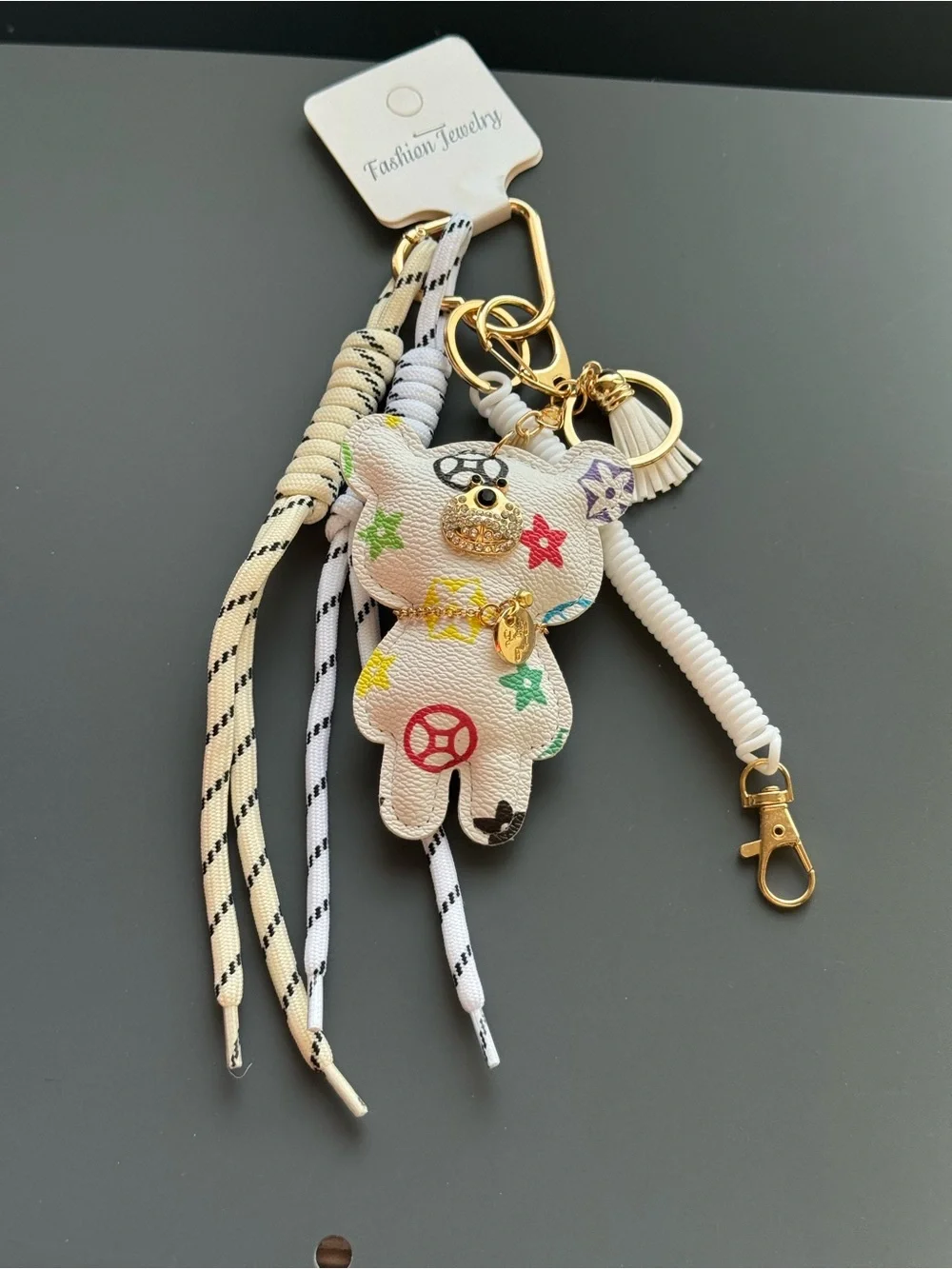 White Floral Print Bear Keychain Bag Charm Gold Accent Coordinating Cord NWT